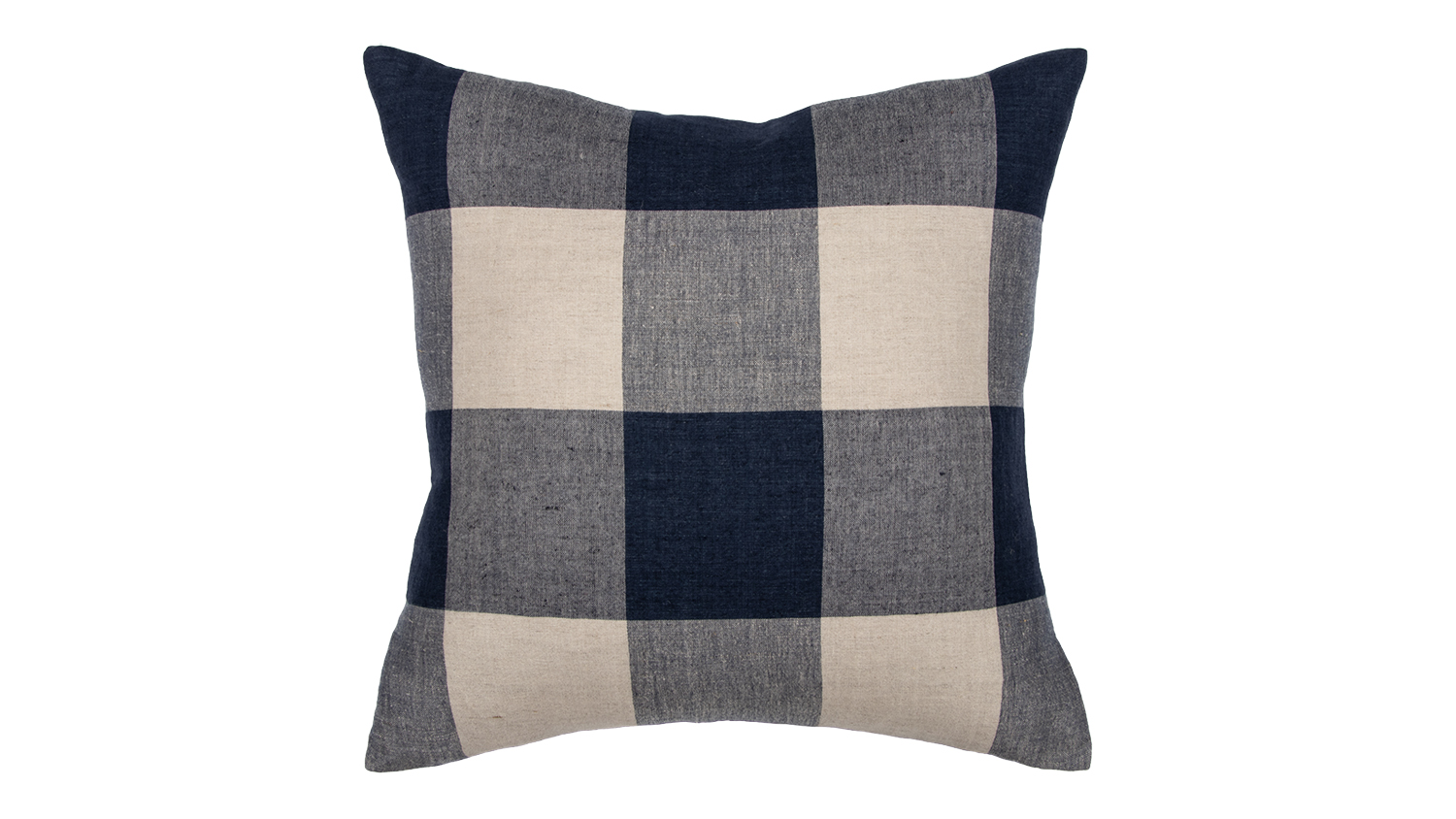 Square cushion with a large checkered pattern in navy blue, grey, and beige, creating a classic plaid design