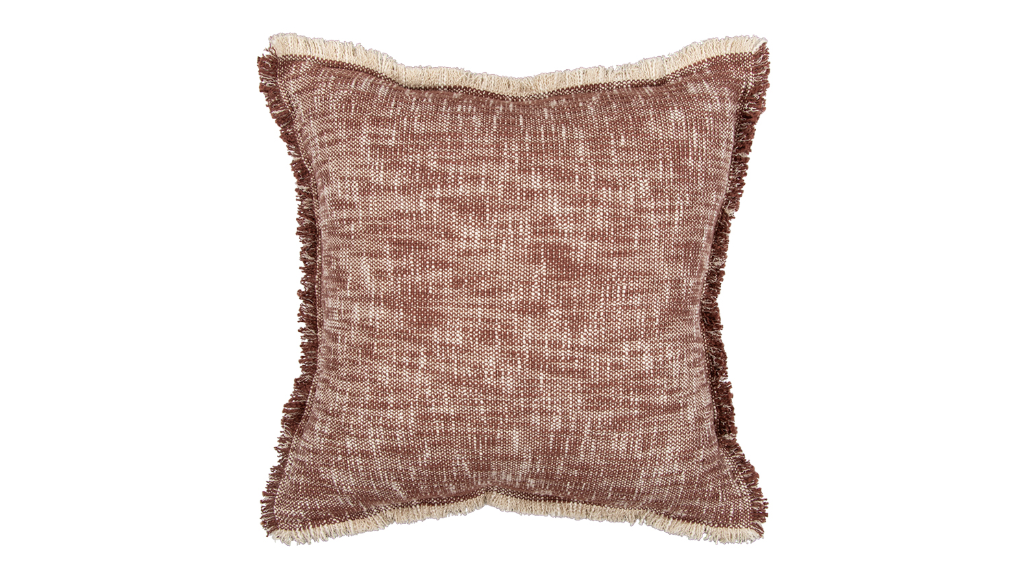 Square cushion in a textured desert-toned fabric with a mix of warm brown and beige hues, finished with fringed edges