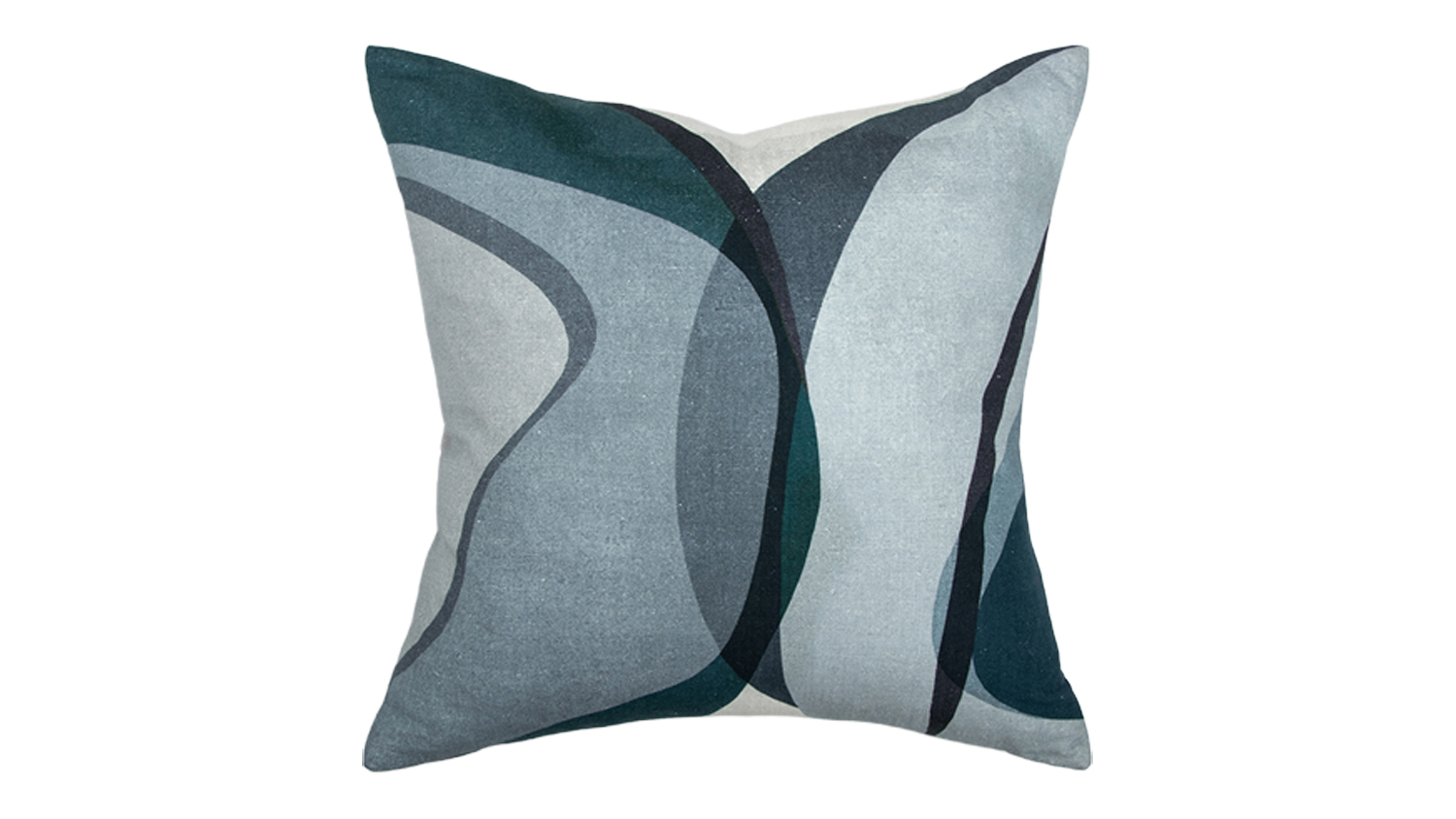 Square cushion with an abstract design in shades of blue, teal, and grey, featuring overlapping curved shapes