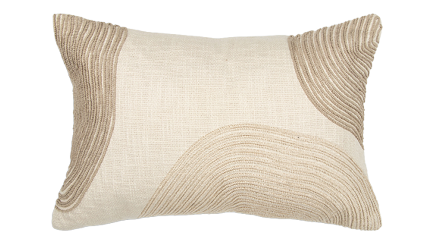Rectangular ivory cushion with textured, curved line patterns in beige on the corners and centre