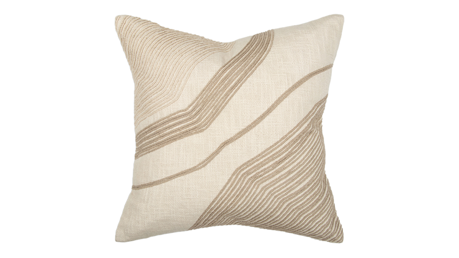 Square ivory cushion with textured fabric featuring abstract curved lines in beige tones