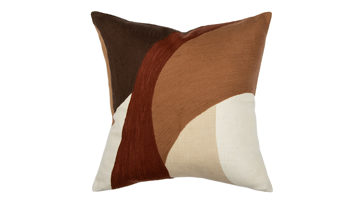Square cushion with an abstract design in earthy tones, featuring curved panels of brown, rust, and cream
