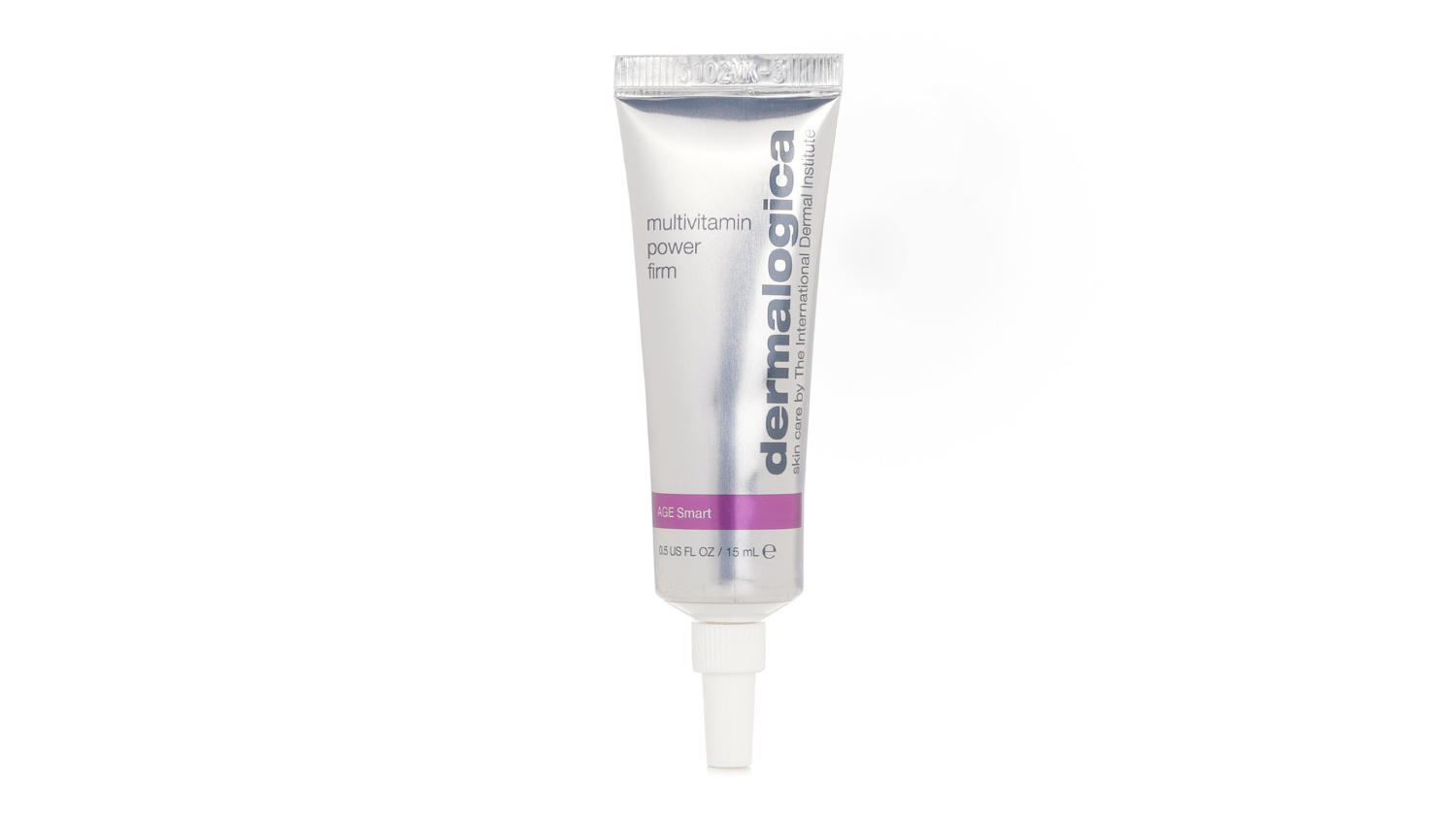 A silver tube of Dermalogica Multivitamin Power Firm with purple accents and a white nozzle