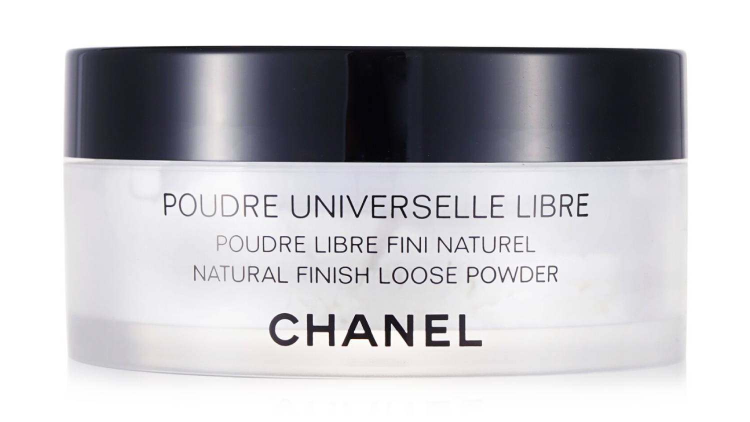 Front view of the Chanel Poudre Universelle Libre in shade 10, a loose powder in a clear round jar with a black lid