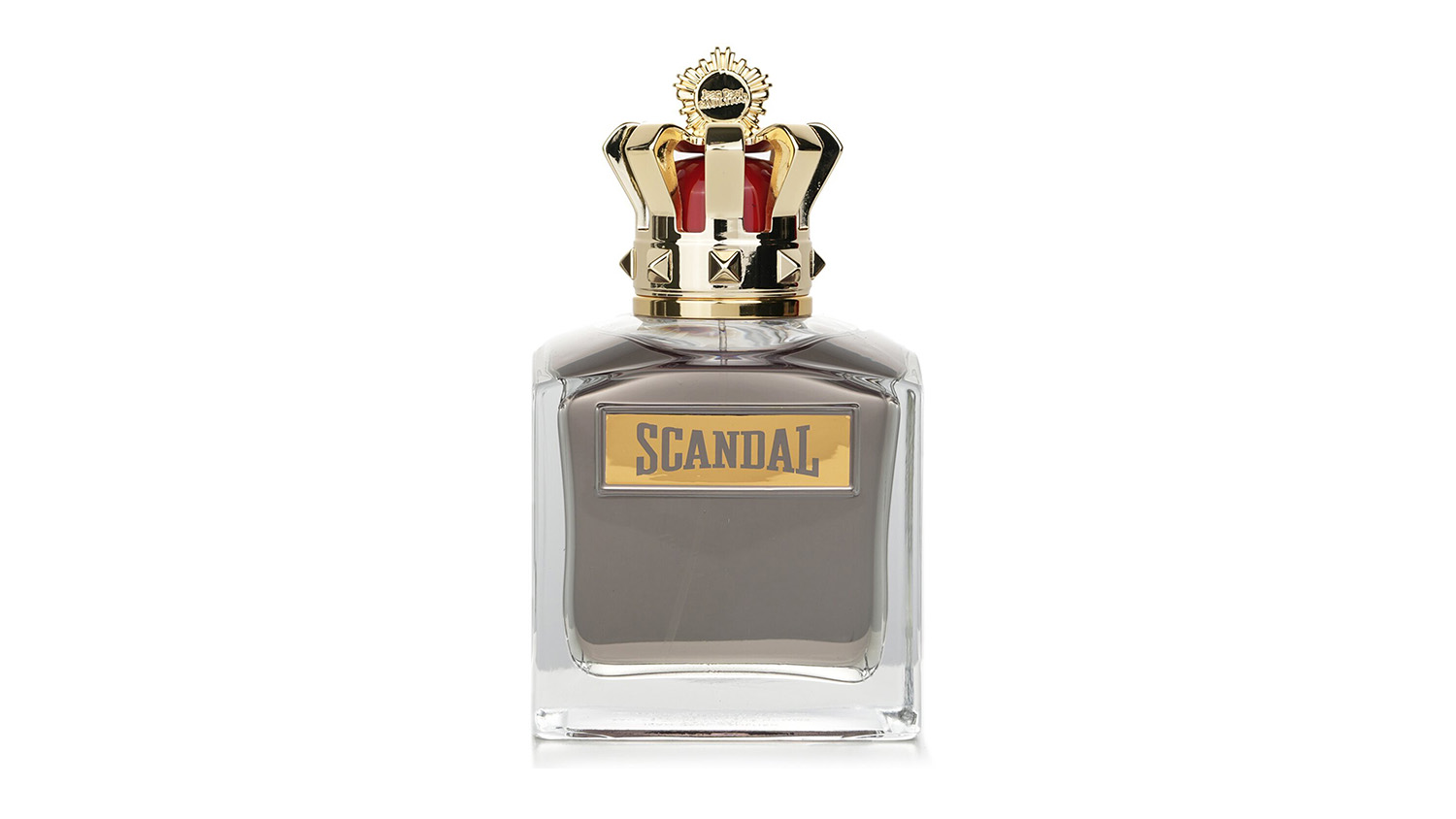 Square glass bottle of Jean Paul Gaultier Scandal perfume with a gold "SCANDAL" plaque