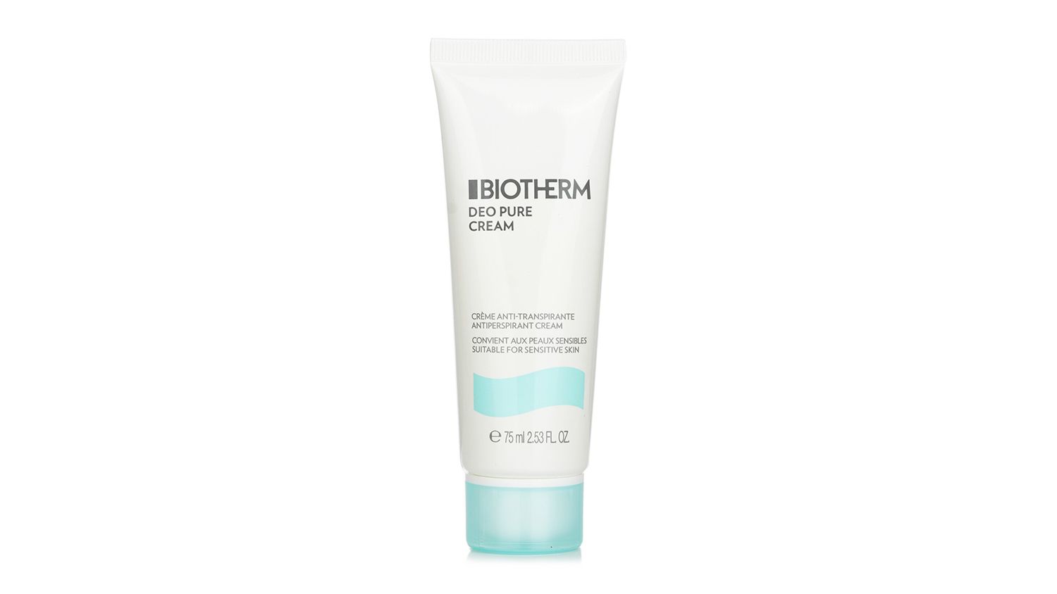 Front of Biotherm Deo Pure Cream tube, a 75ml antiperspirant suitable for sensitive skin