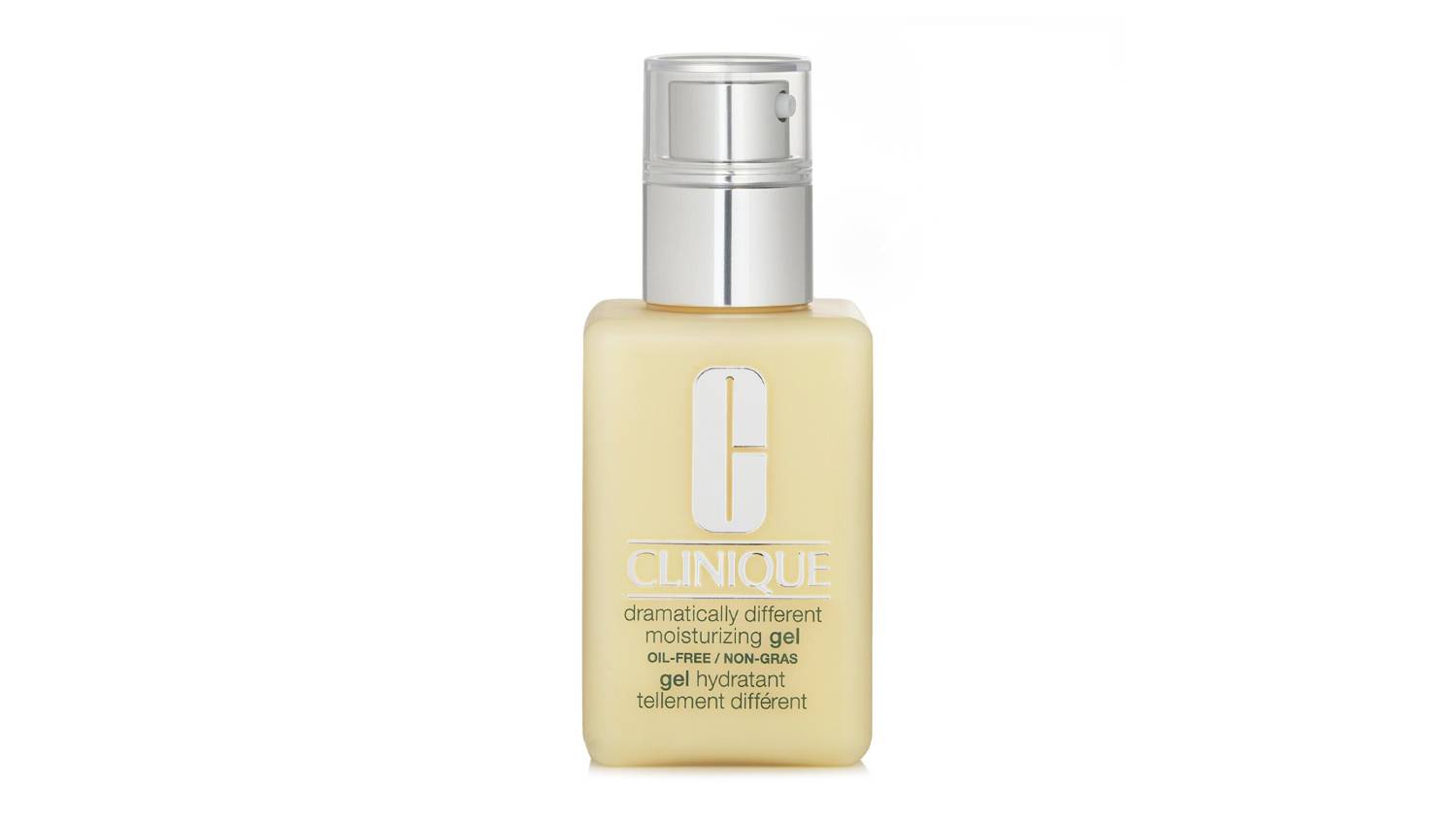Front view of the Clinique Dramatically Different Moisturising Gel in a square yellow bottle with a silver pump