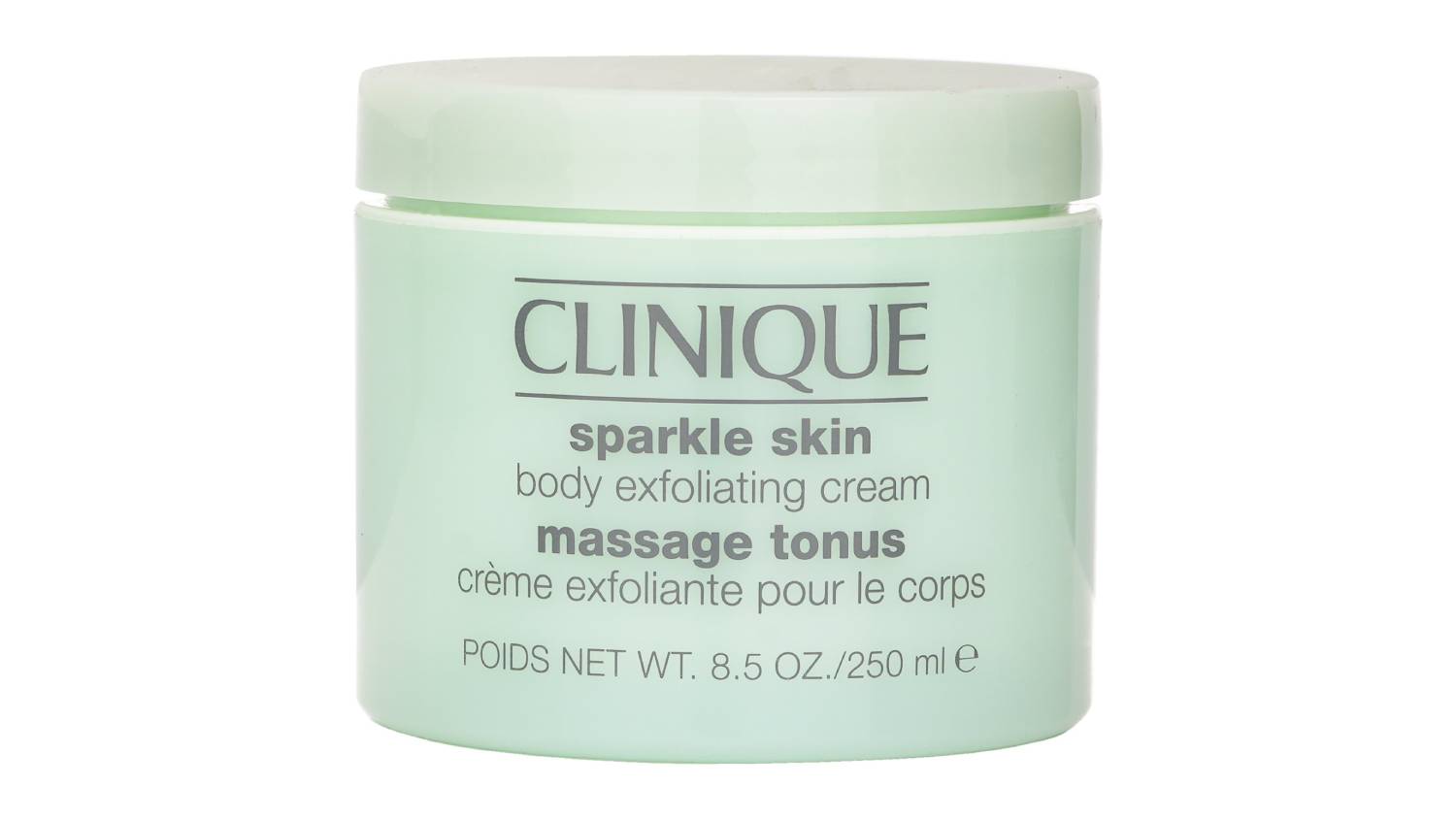 Front view of Clinique Sparkle Skin Body Exfoliating Cream in a light green jar with black text