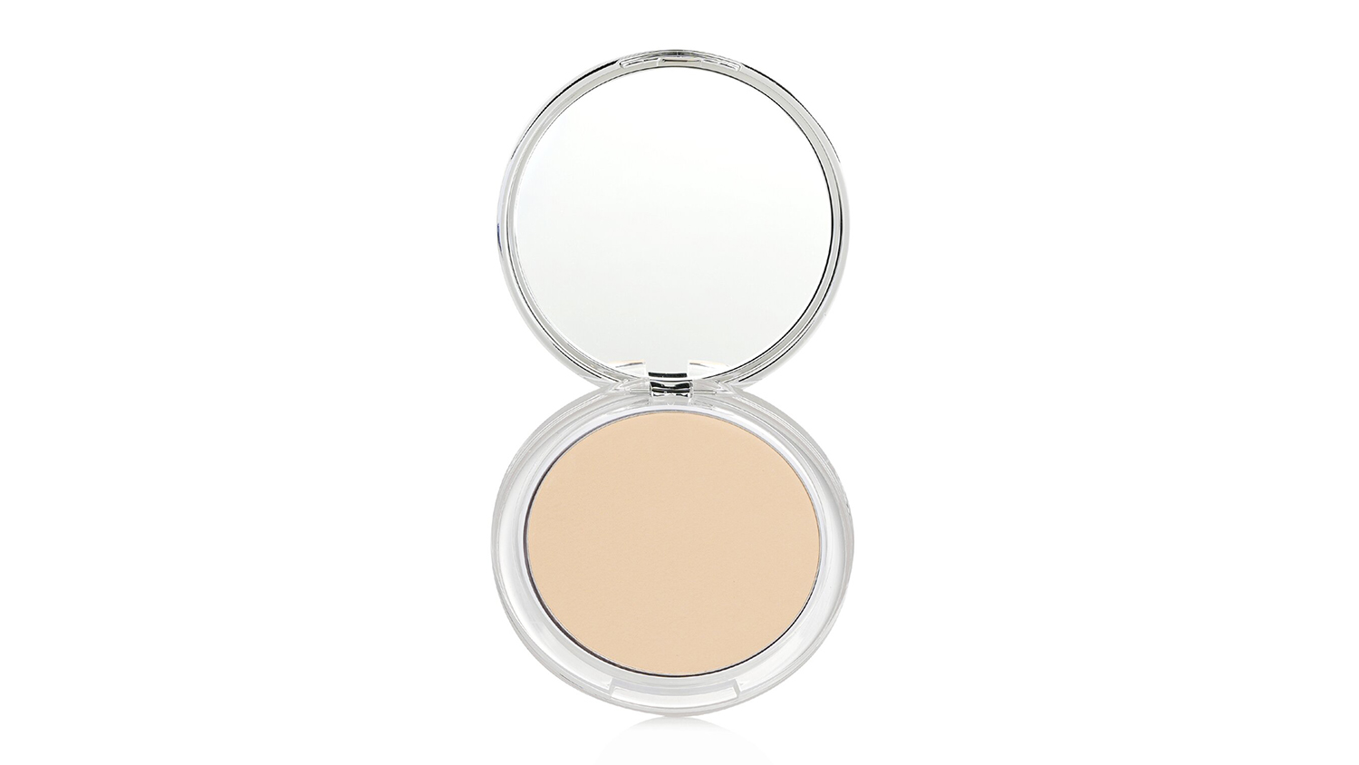 Open silver compact showing Clinique Stay-Matte powder in shade 101 Invisible Matte with a large mirror