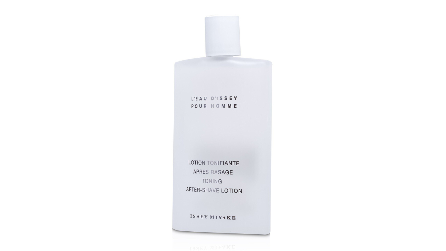 A matte white rectangular bottle of Issey Miyake After Shave Lotion