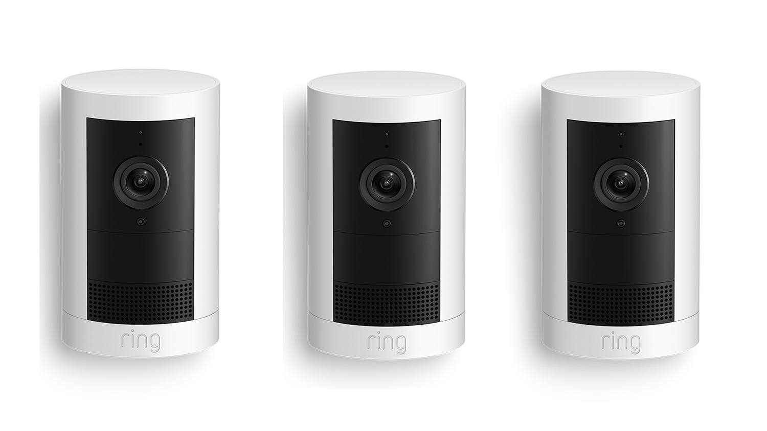 Three identical Ring Outdoor Camera Plus 2K units in white shown side-by-side