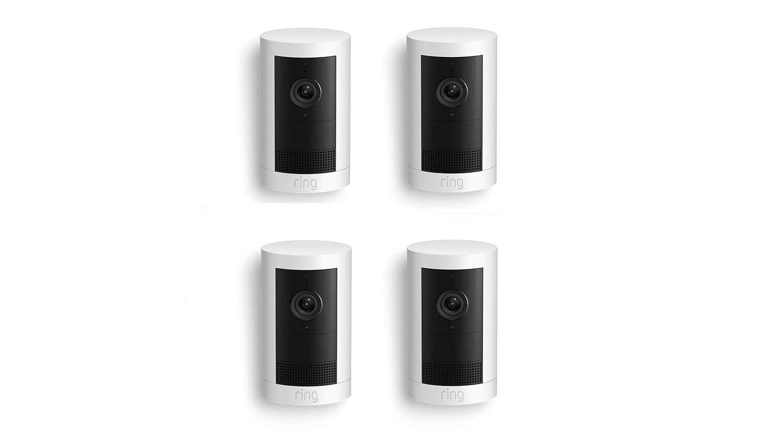 Four identical Ring Outdoor Camera Plus 2K units in white