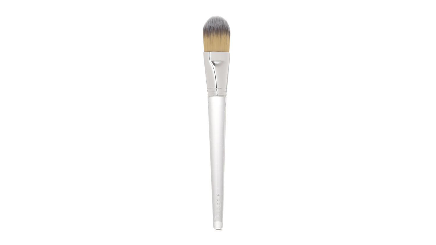 Clinique Foundation Brush with a clear tapered handle, silver ferrule, and dual-toned bristles