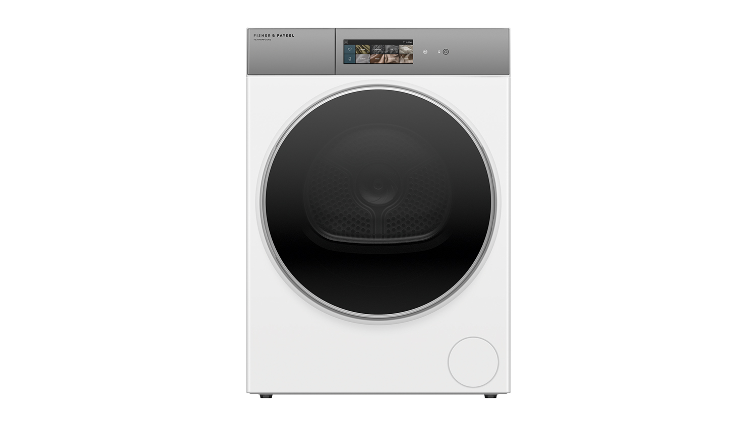 Front view of a white Fisher & Paykel Series 11 Heat Pump Dryer with a digital touchscreen display