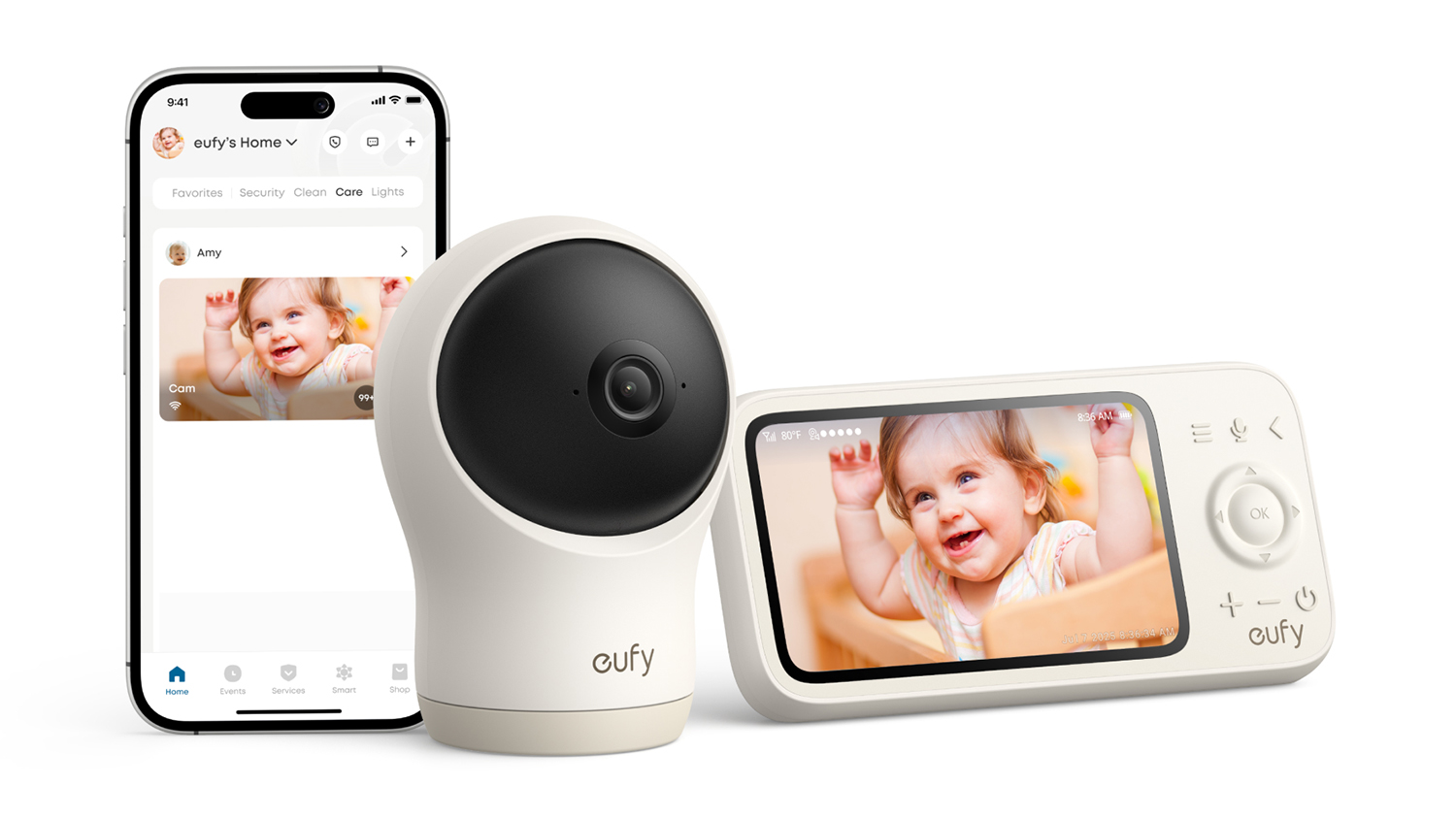 Eufy C10 Baby Monitor unit alongside its handheld monitor and a smartphone interface