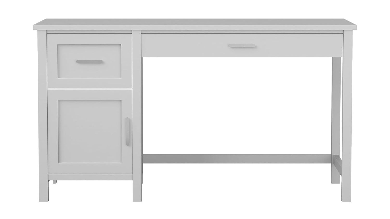 Front view of the grey home office desk with a cabinet