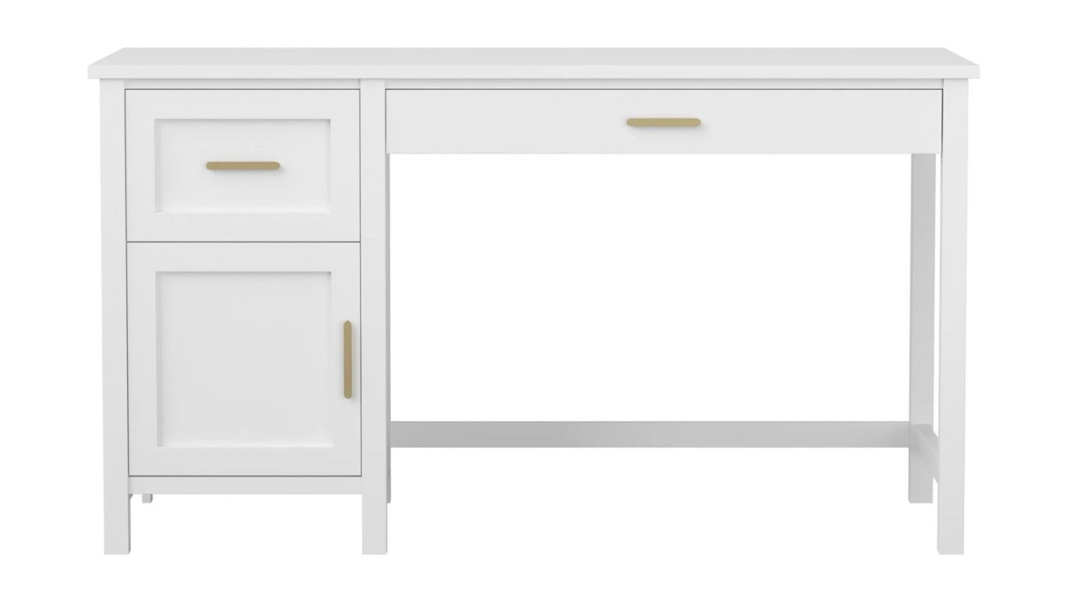 Front view of the white home office desk with a cabinet