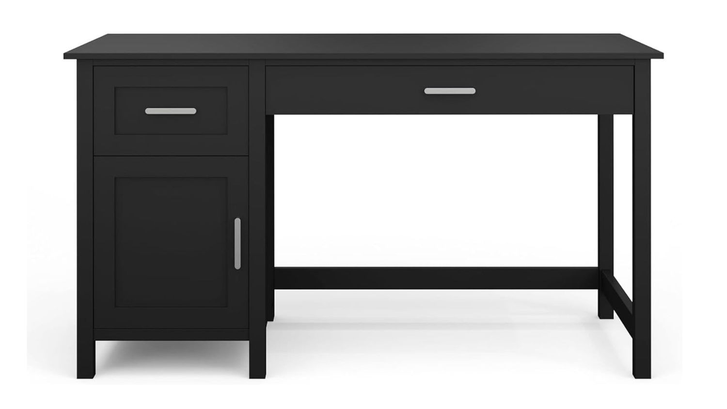 Front view of the black home office desk with a cabinet