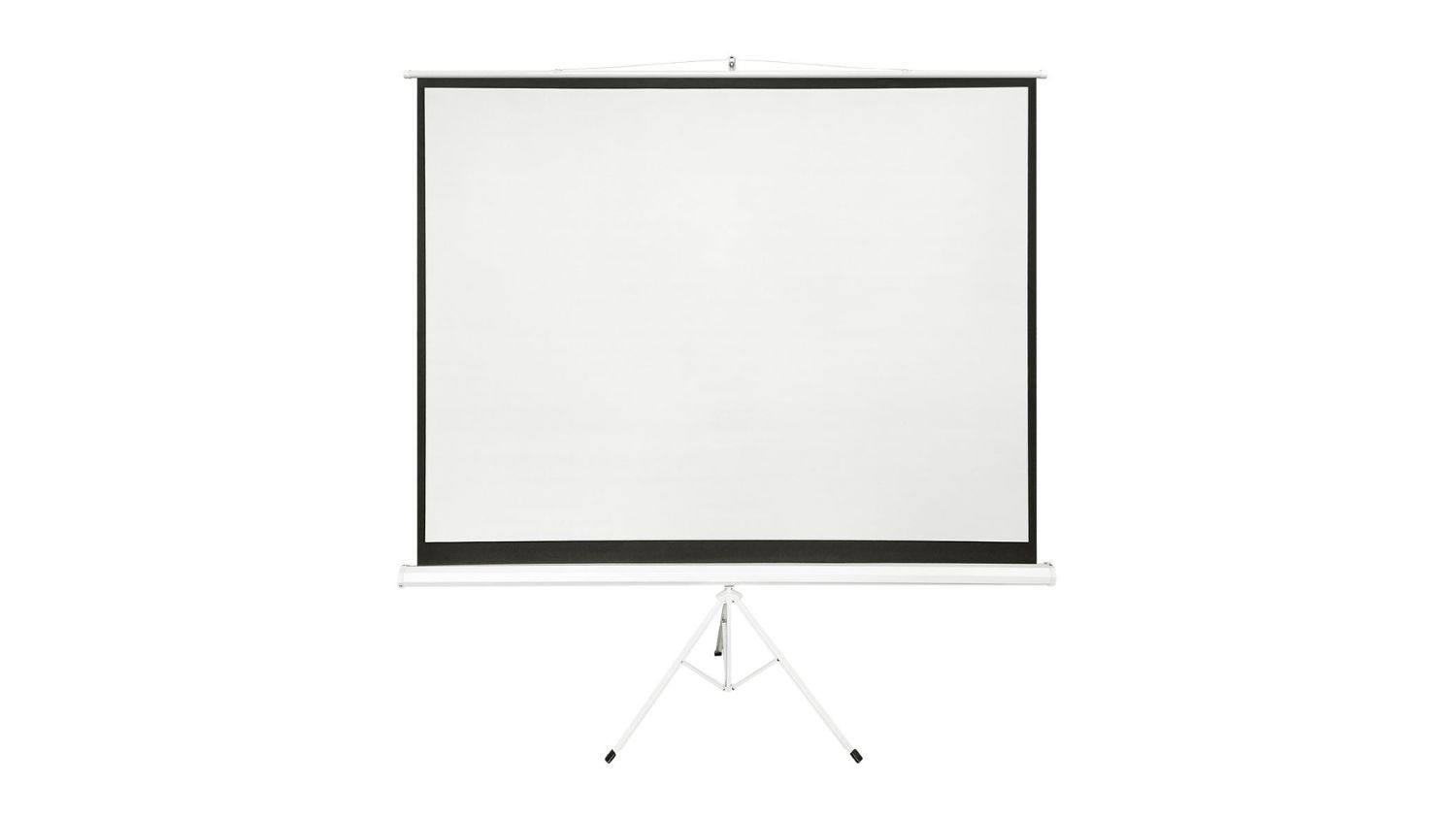 White 120-inch tripod projector screen with black border on a white stand 
