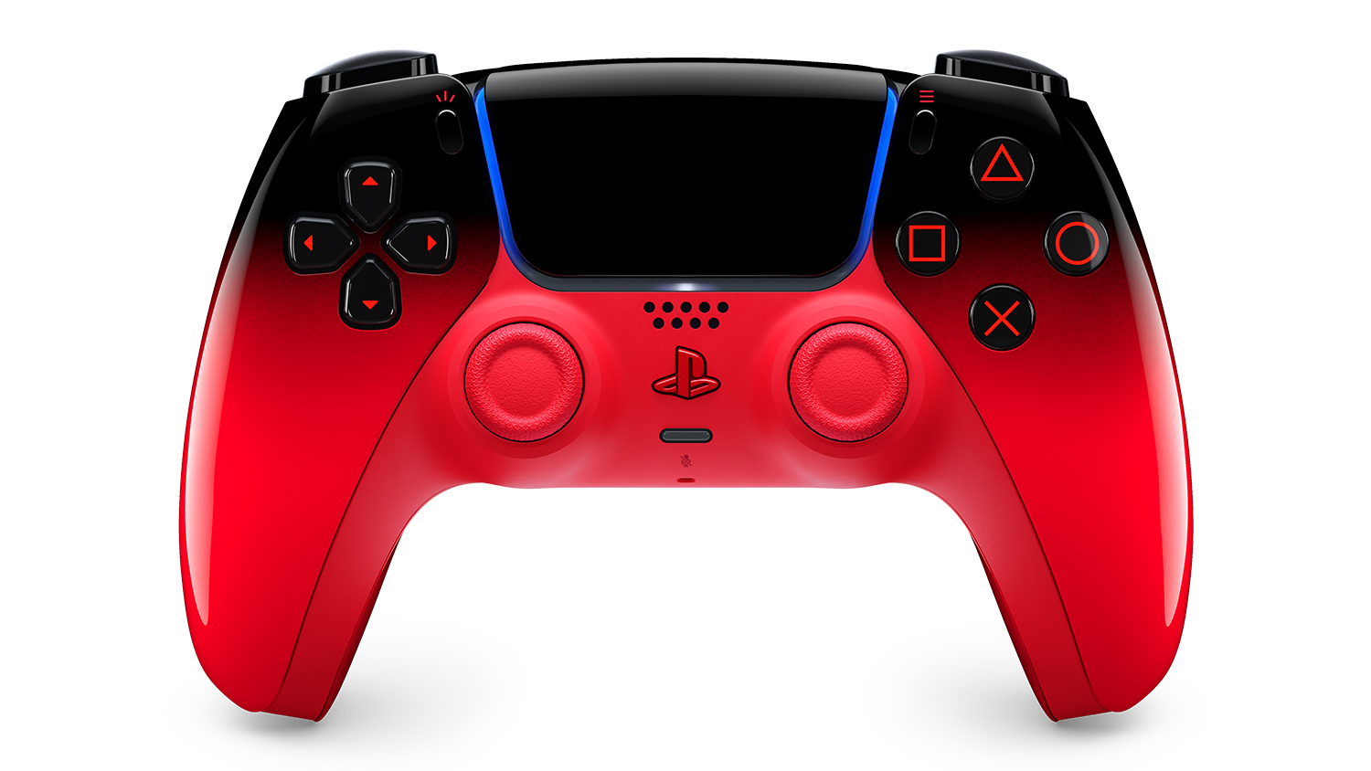 PlayStation 5 DualSense Wireless Controller in Techno Red featuring a sleek black top and vibrant red base