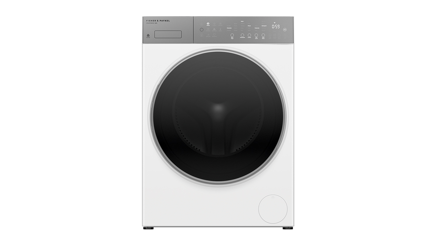 Front view of white Fisher & Paykel Series 7 9kg washing machine with dark circular door