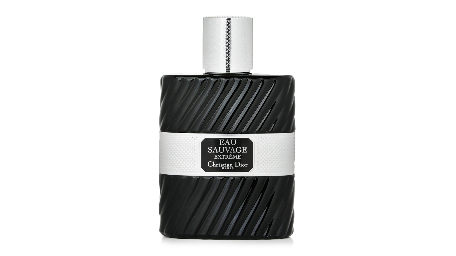 A front view of a black, textured bottle of Christian Dior Eau Sauvage Extreme Eau de Toilette Spray with a silver cap
