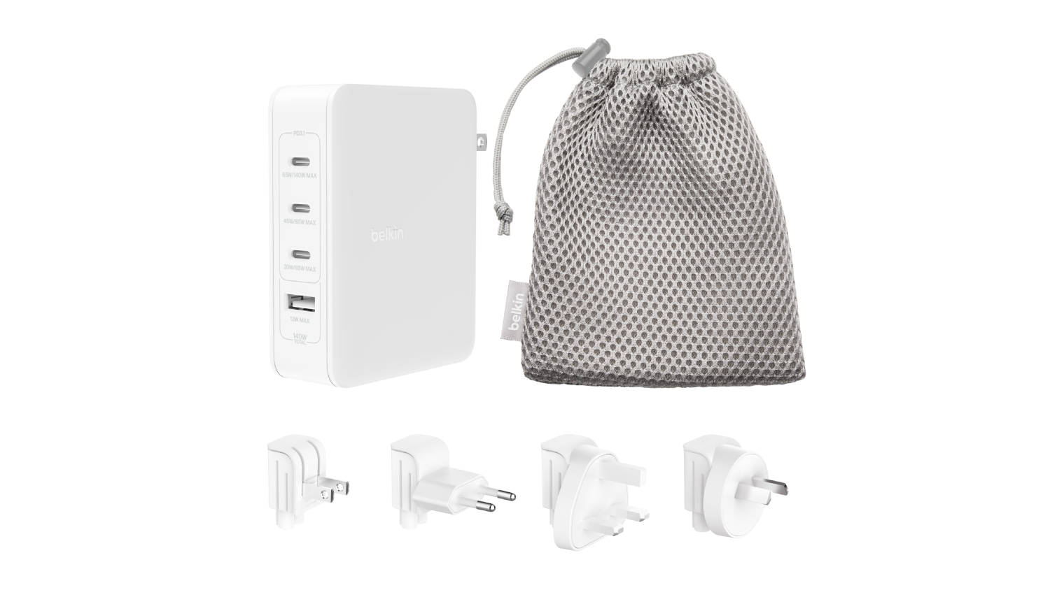 A full view of the Belkin BoostCharge Pro 140W 4-Port GaN Wall Charger with Travel Adapter Kit