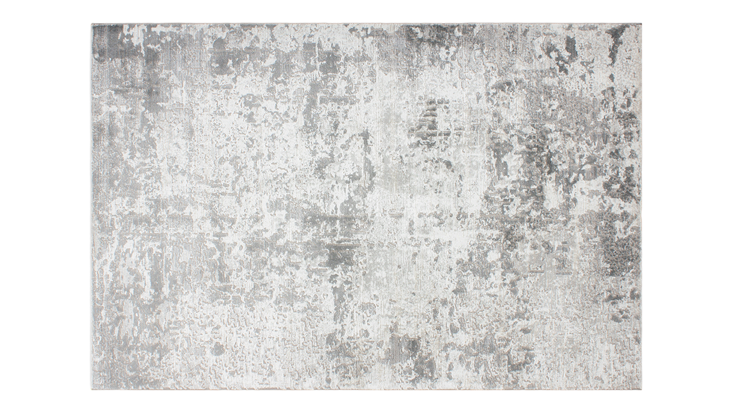 Full rug view showing an abstract, softly distressed pattern in ecru with layered grey and taupe tones
