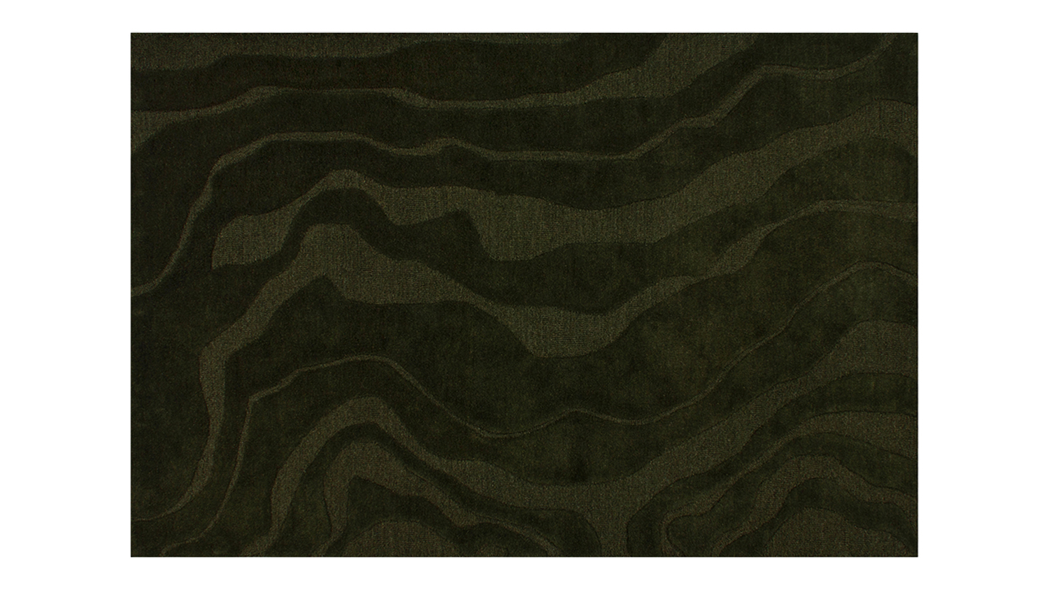Full rug view showing an organic, wavy pattern in deep and muted olive tones
