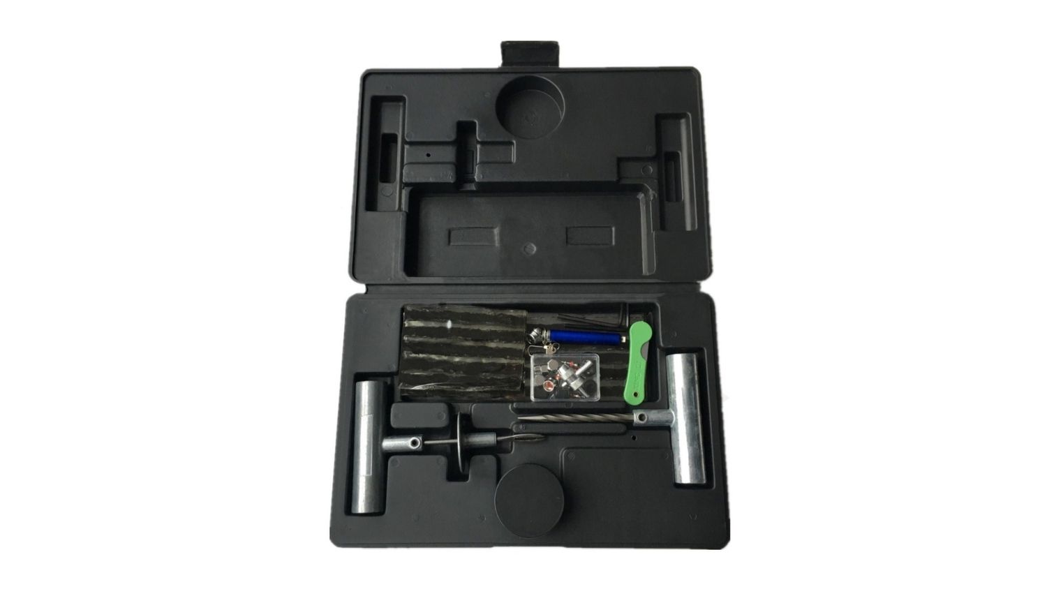 A black hard case containing a tyre repair kit with tools