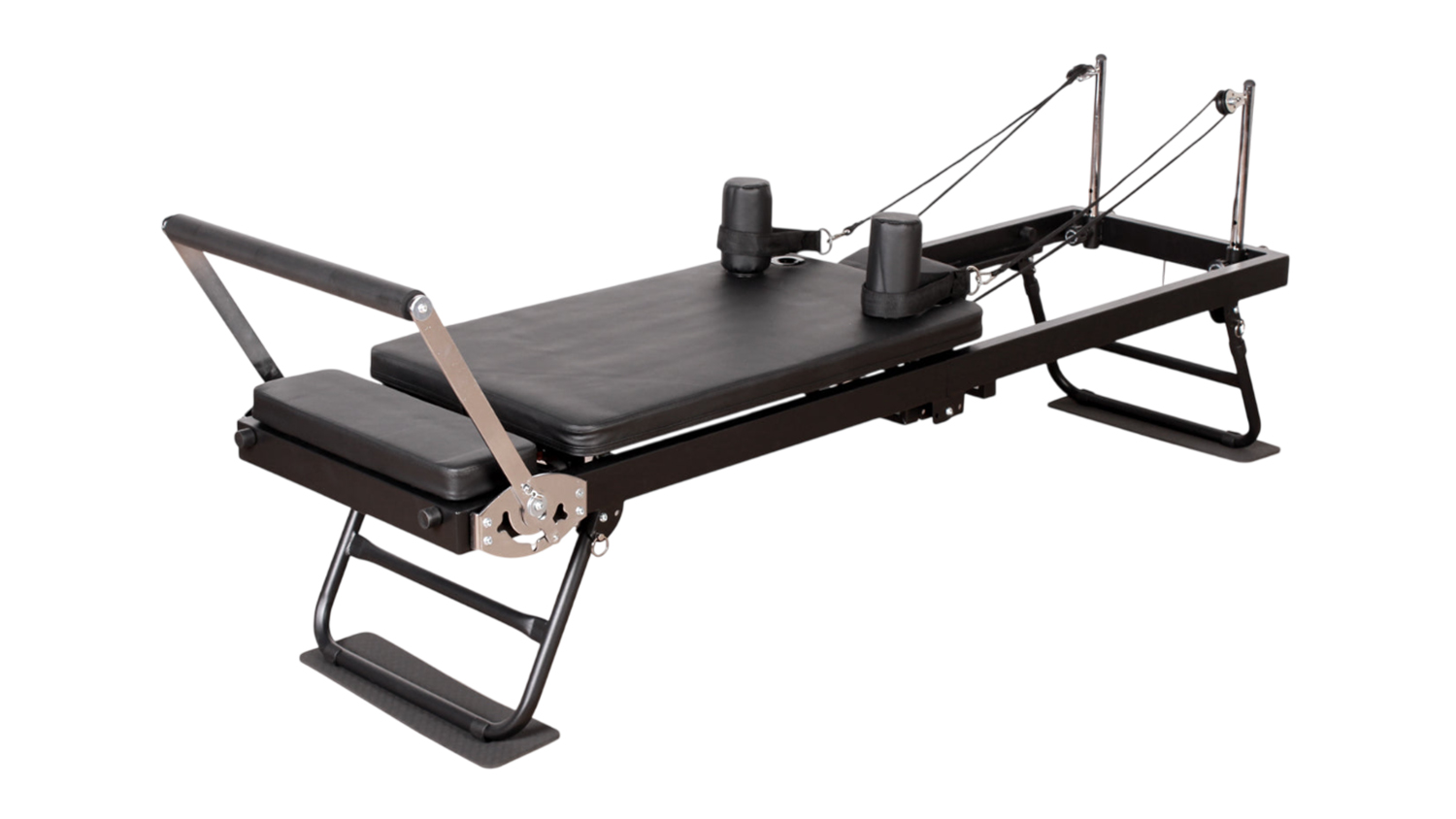 Full view of the metal frame PROTRAIN Reformer Pilates machine with headrest