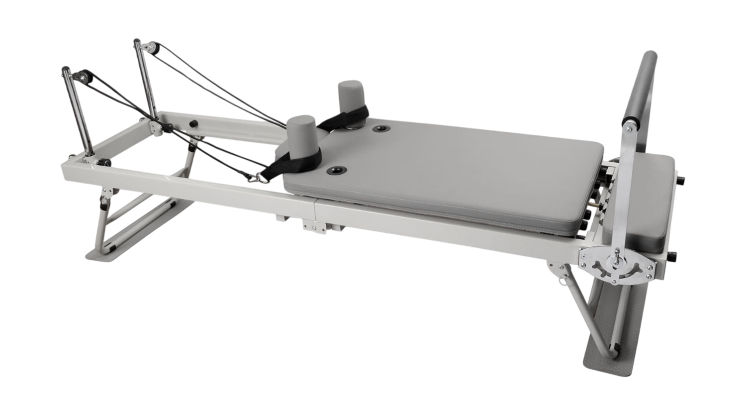 Full view of the metal frame PROTRAIN Reformer Pilates machine with headrest