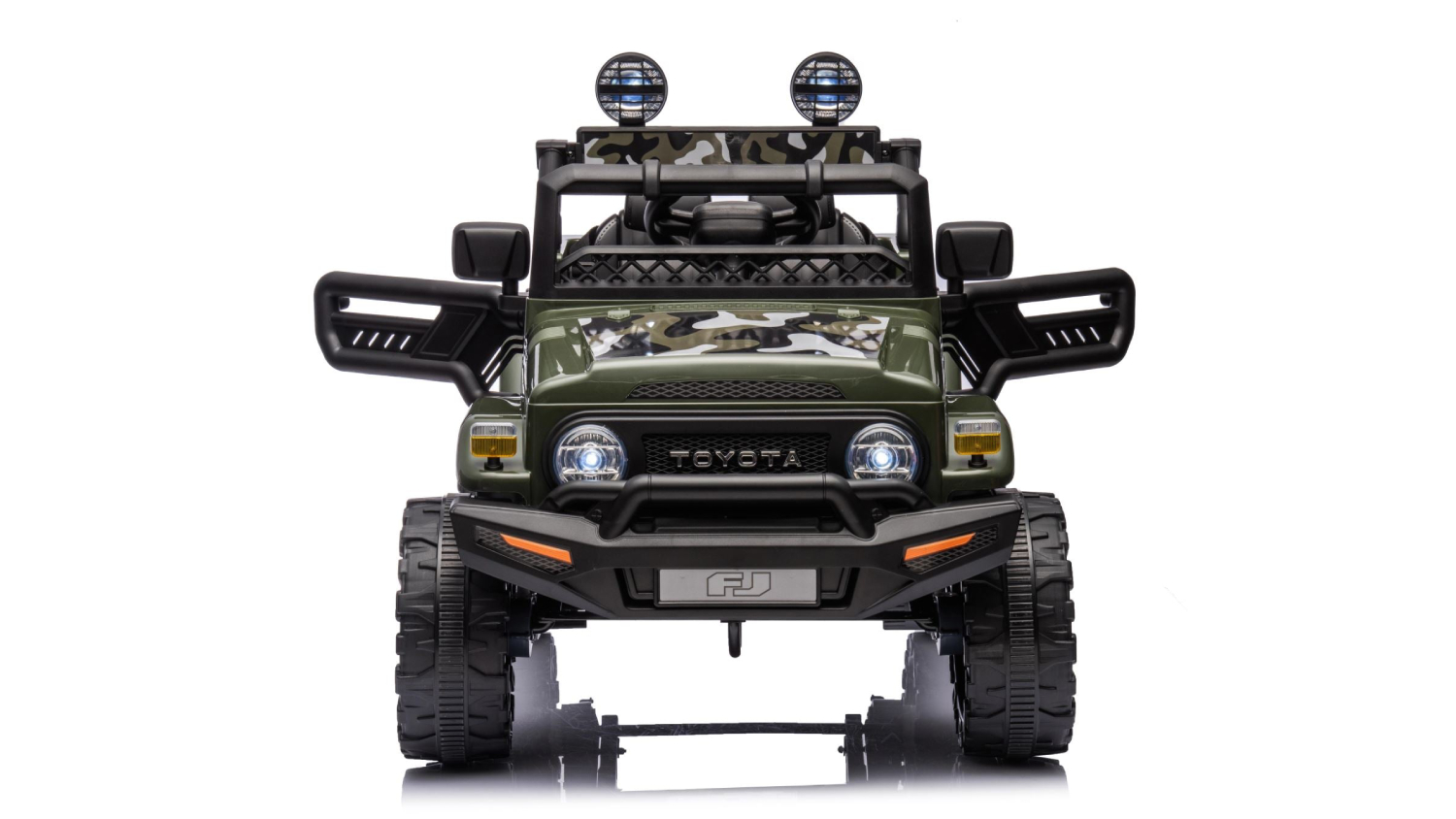 A green toy TSB Living Ride On Car Toyota FJ Cruiser with a camo design, opening doors, and roof lights