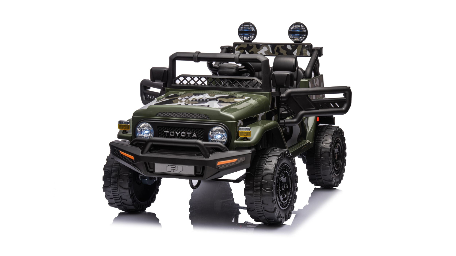 A green toy Toyota Cruiser ride-on car with camo accents, open doors, and roof lights angled to the side