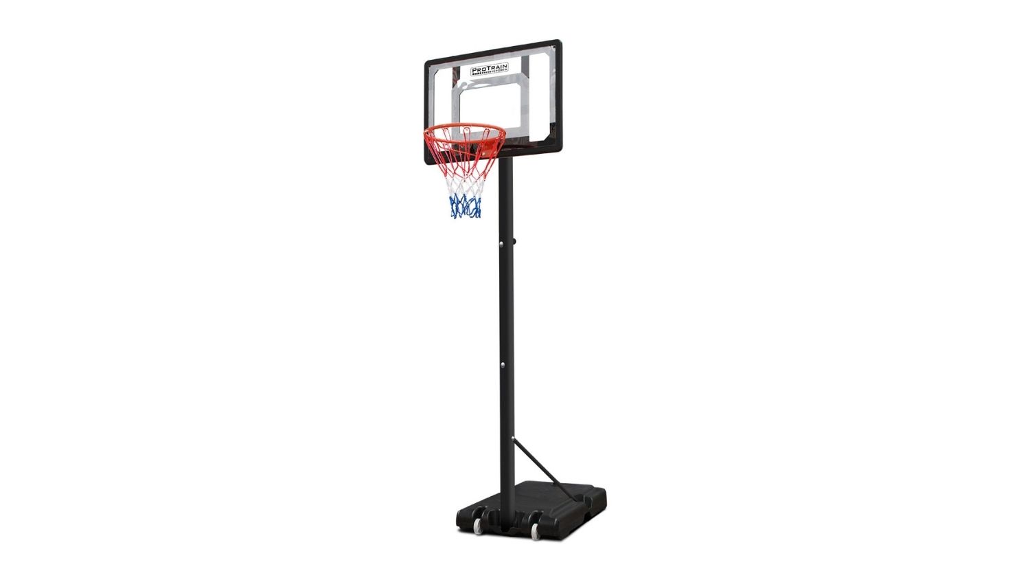 Portable adjustable basketball hoop with clear backboard, orange rim, and black base