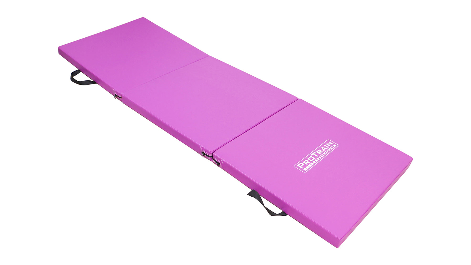 High-angle view of the pink PROTRAIN 3-section folding exercise mat with carry handles