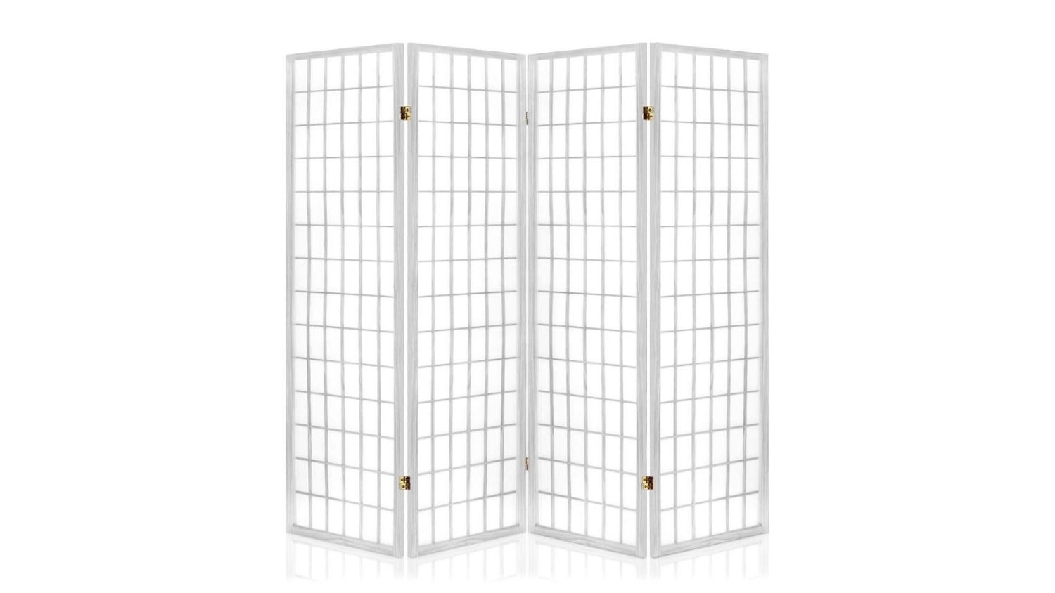White four‑panel folding room divider with a grid pattern and hinged wooden frames
