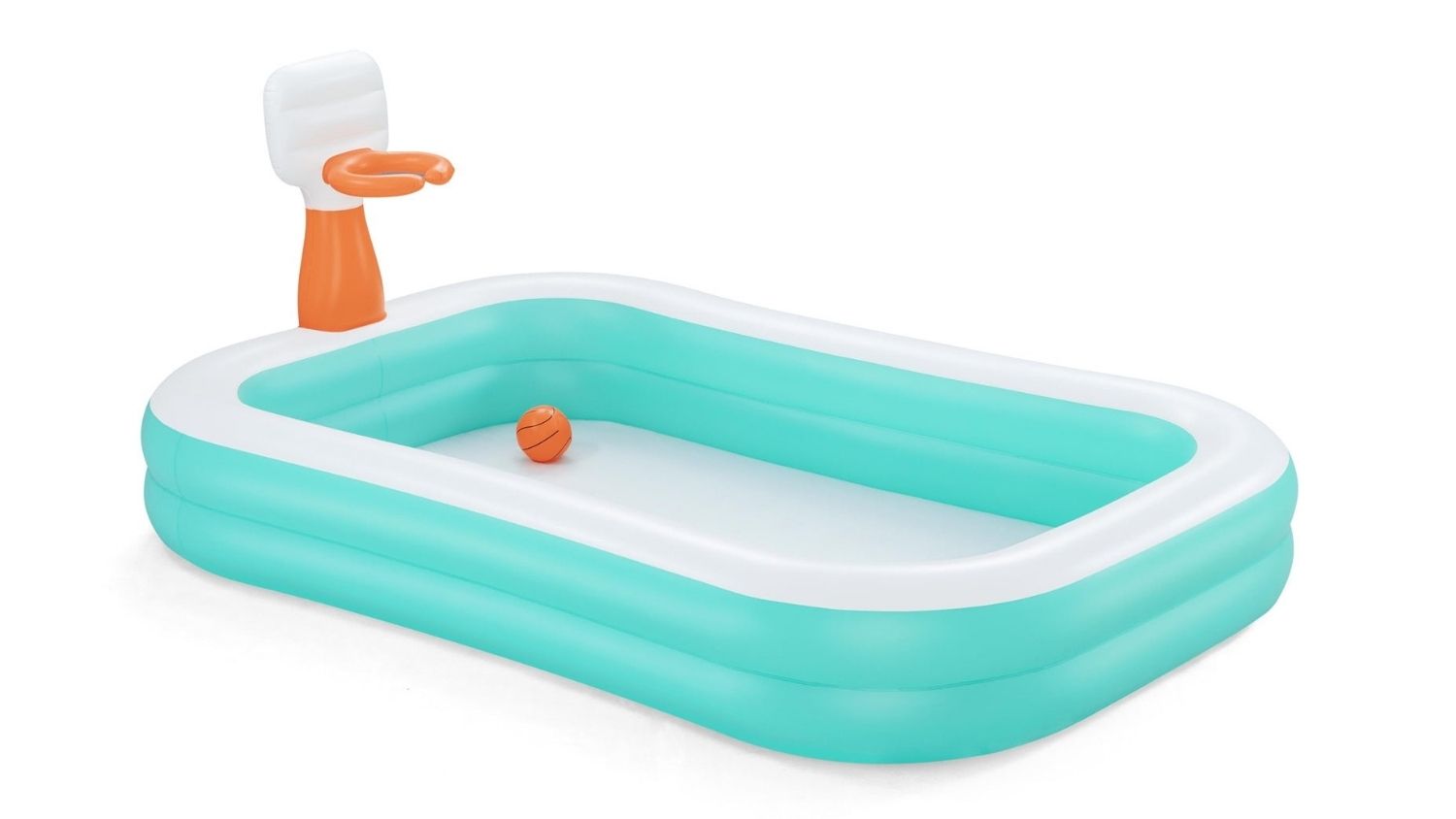 Inflatable rectangular pool with teal sides and a built-in orange basketball hoop and ball