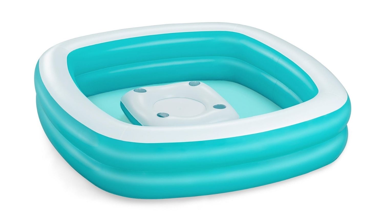 Square teal and white inflatable family pool with a removable centre console