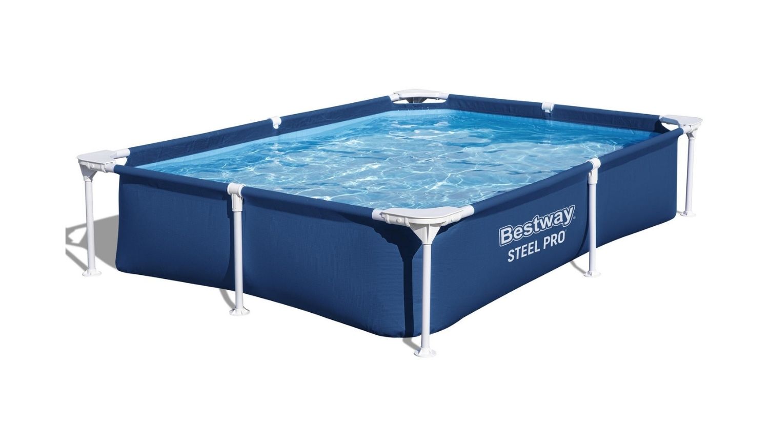 Rectangular Bestway Steel Pro above‑ground pool filled with clear blue water
