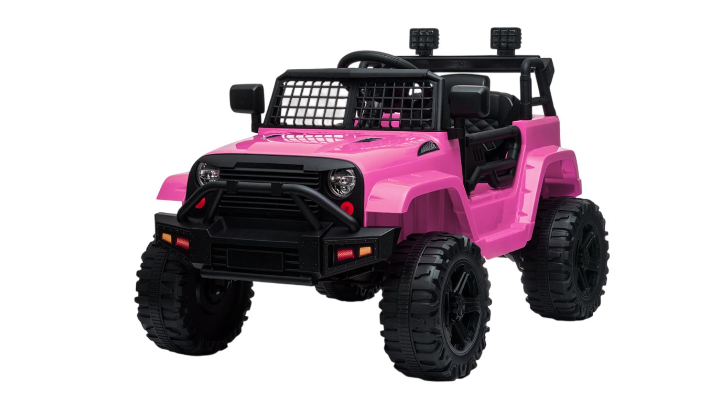 Pink toy off-road jeep with large black tyres, front grill guard, and open-top design