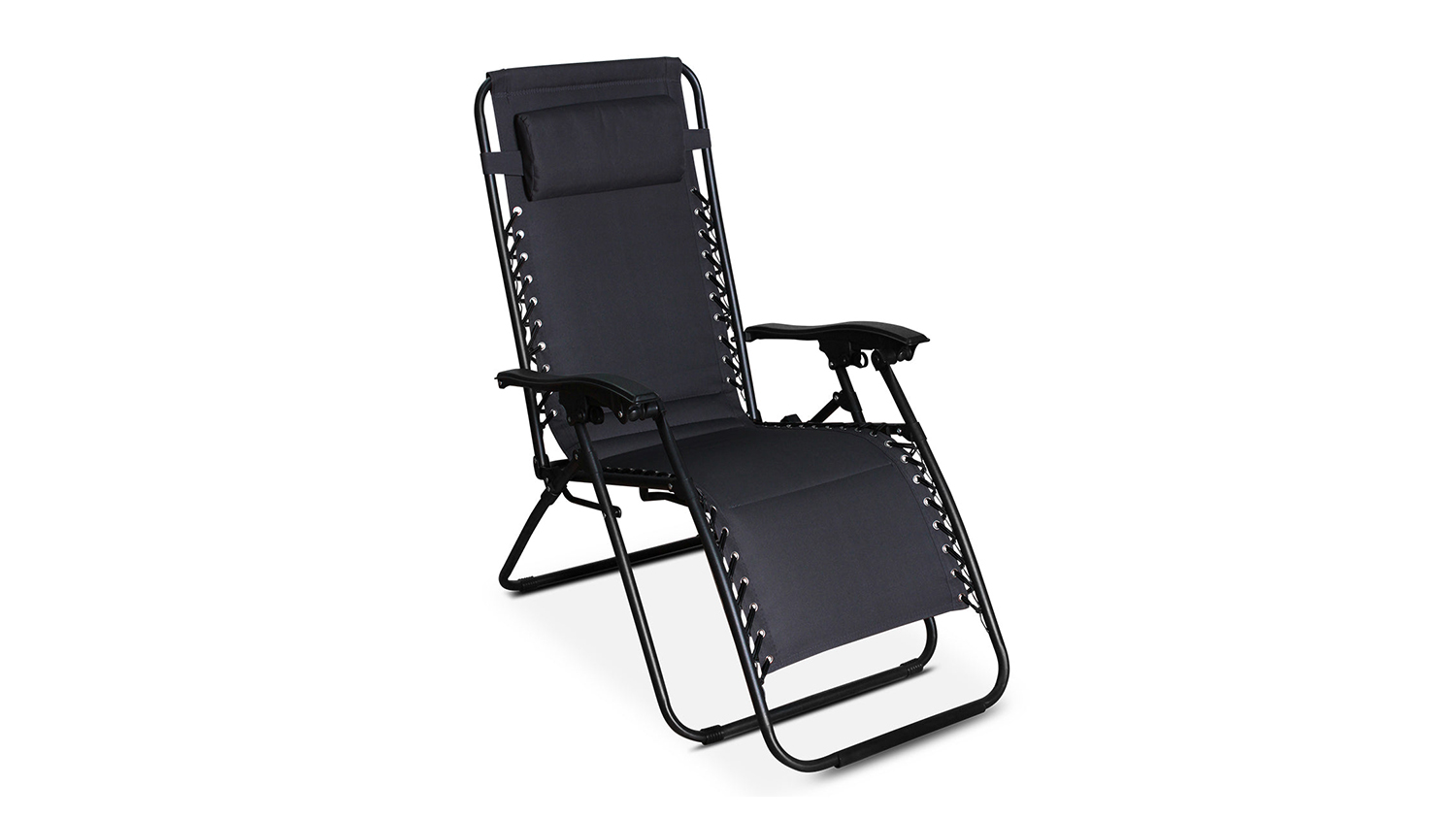 Front view of a black TSB Living Zero Gravity Lounge Chair with padded cushion