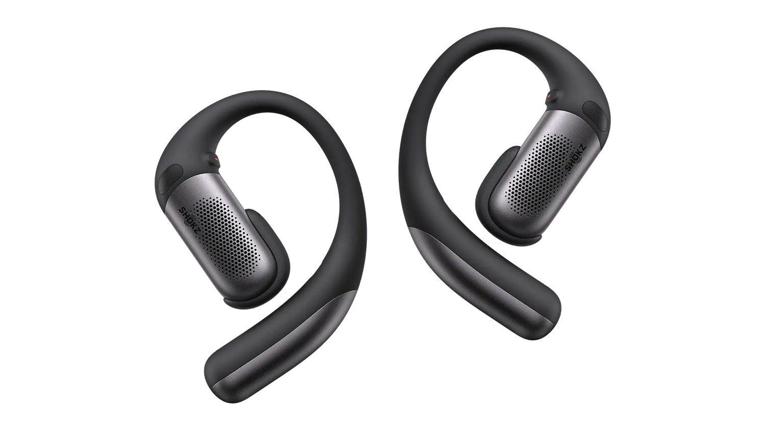Front view of Shokz OpenFit Pro true wireless headphones showing the silver mesh speaker