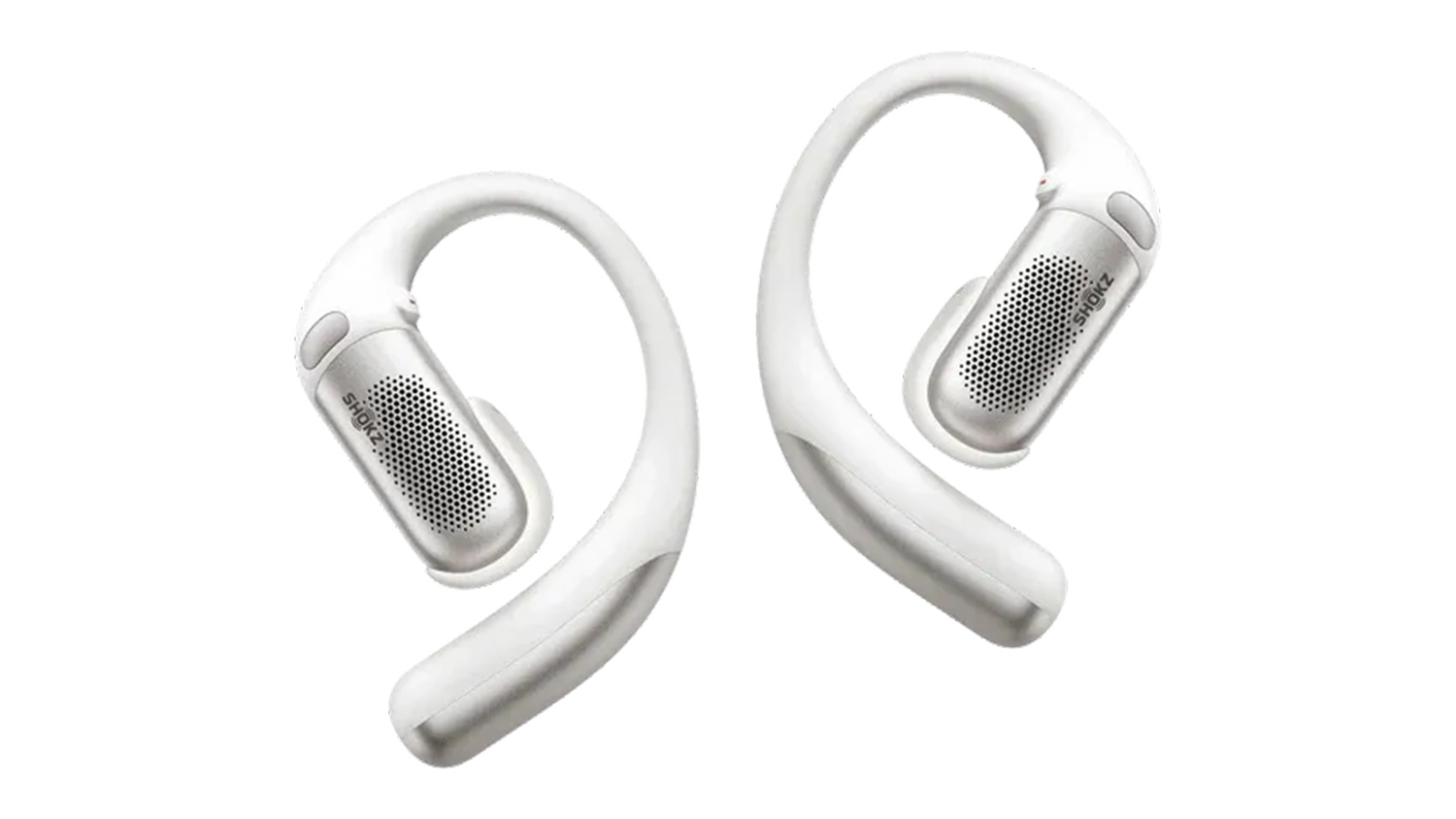Top view of two white Shokz OpenFit Pro headphones showing the mesh speaker and ear-hook design