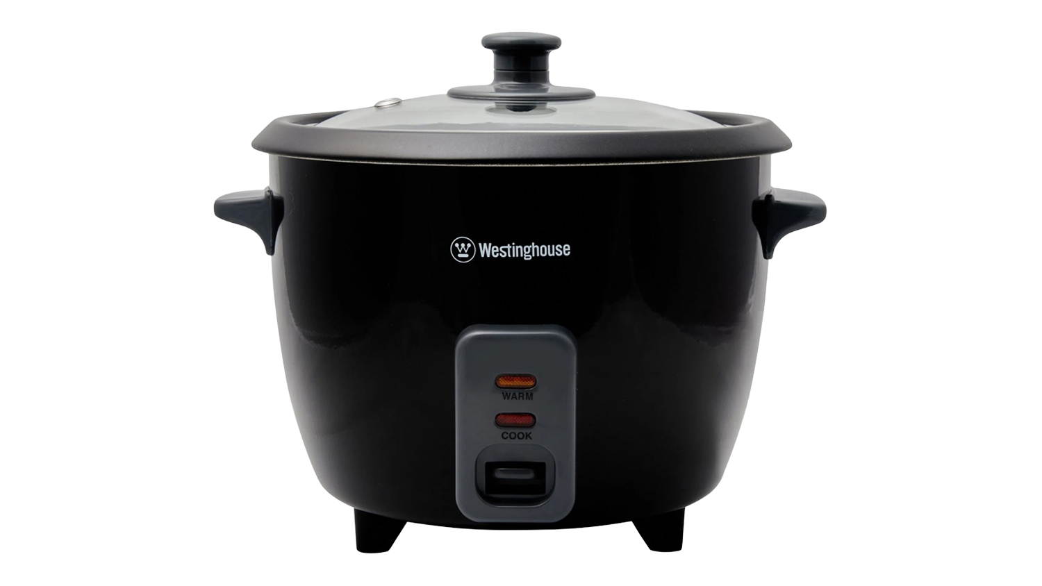 Front view of the black Westinghouse 5 Cup 1L Rice Cooker with a glass lid and front cook/warm indicator lights