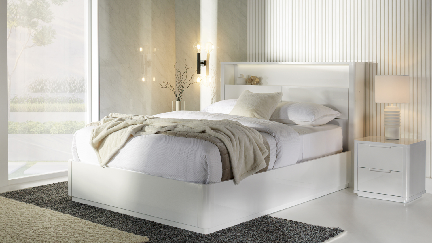Adanya Queen 3 piece suite featuring a white gloss bed frame and matching 2-drawer bedside table