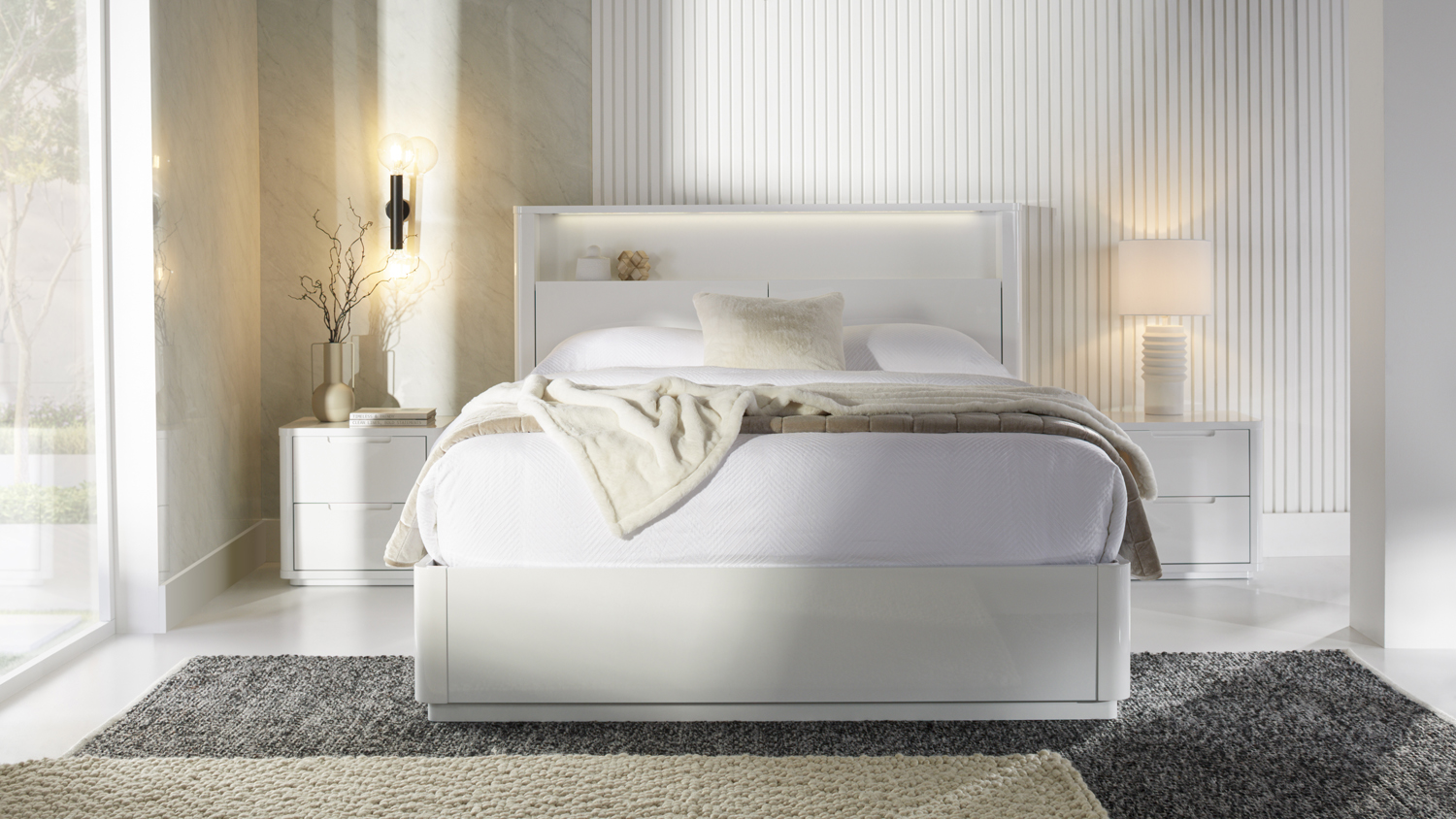 Front view of the Adanya Super King 3 Piece Bedside Bedroom Suite placed in a minimalist and modern room setting