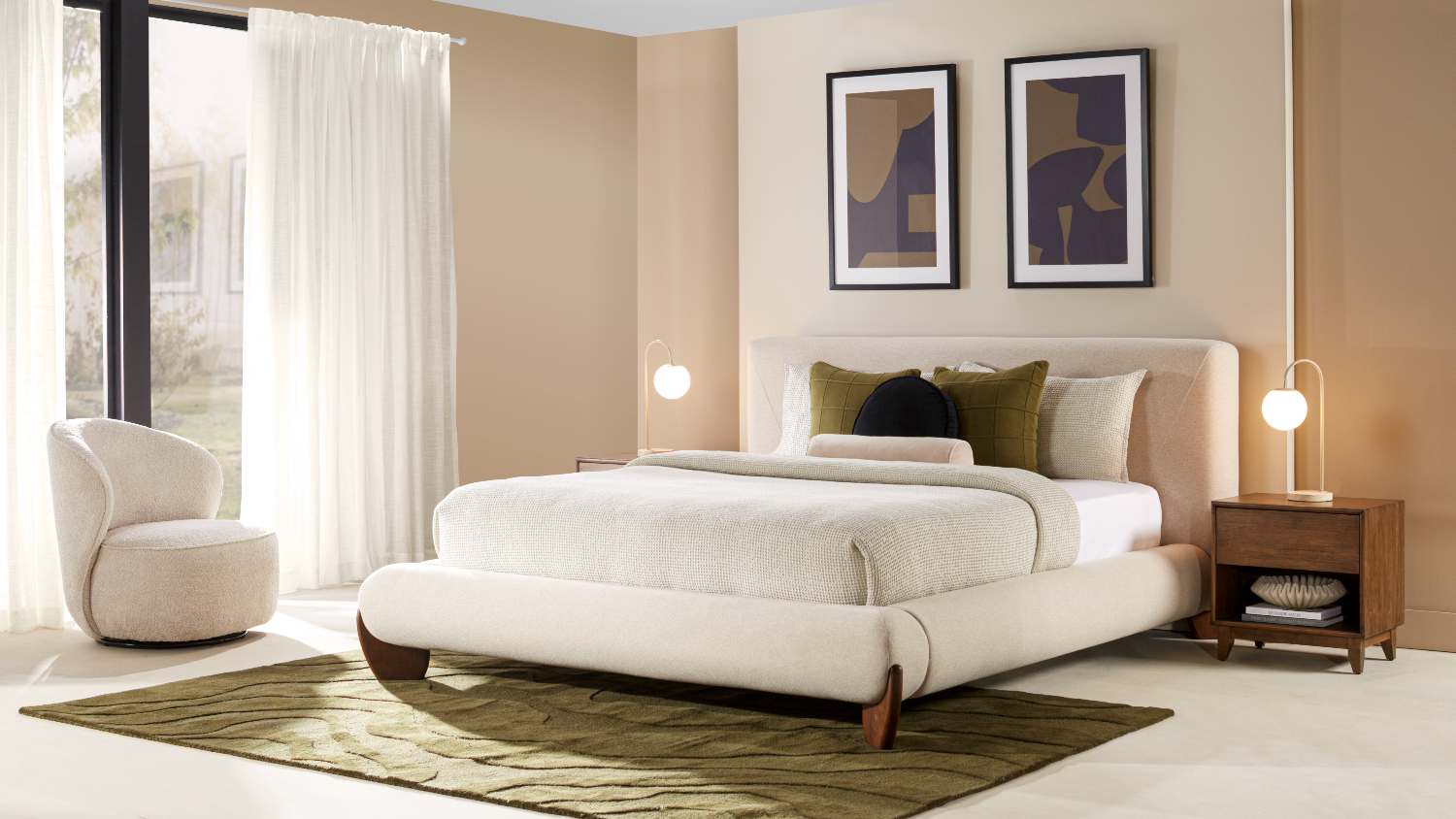Wide view of the Eden King Upholstered Bed Frame in a modern, neutral-toned bedroom setting