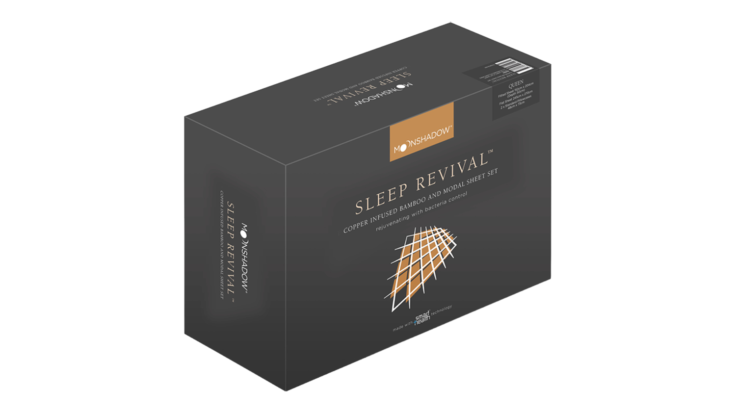 A view of the Sleep Revival 300TC Copper Infused White Sheet Set's packaging