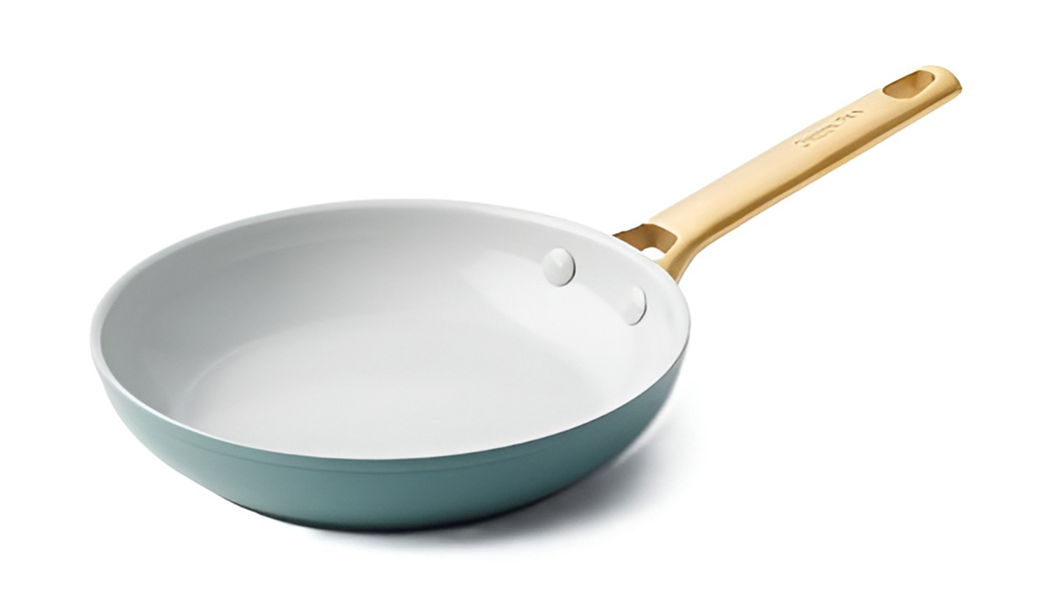 Angled view of a 20cm GreenPan Padova frying pan in smokey blue with a gold-tone handle